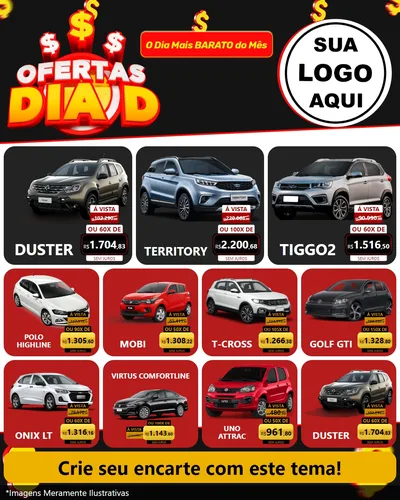 Modelo de Rede Social para Feed Instagram com o tema Ofertas Dia D para Concessionaria de Carros