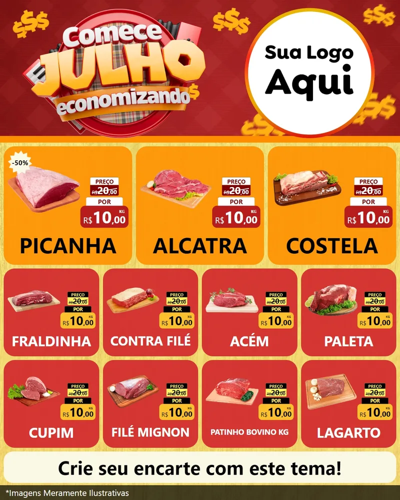 Modelo de Rede Social para Feed Instagram com o tema Comece Julho Economizando para Açougue
