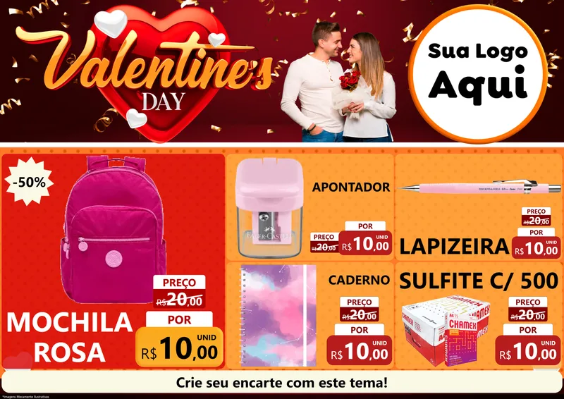 Modelo de Encarte para Encarte A4 Horizontal com o tema Valentine's Day para Papelaria