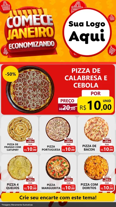 Modelo de Rede Social para Stories com o tema Comece Janeiro Economizando para Pizzaria