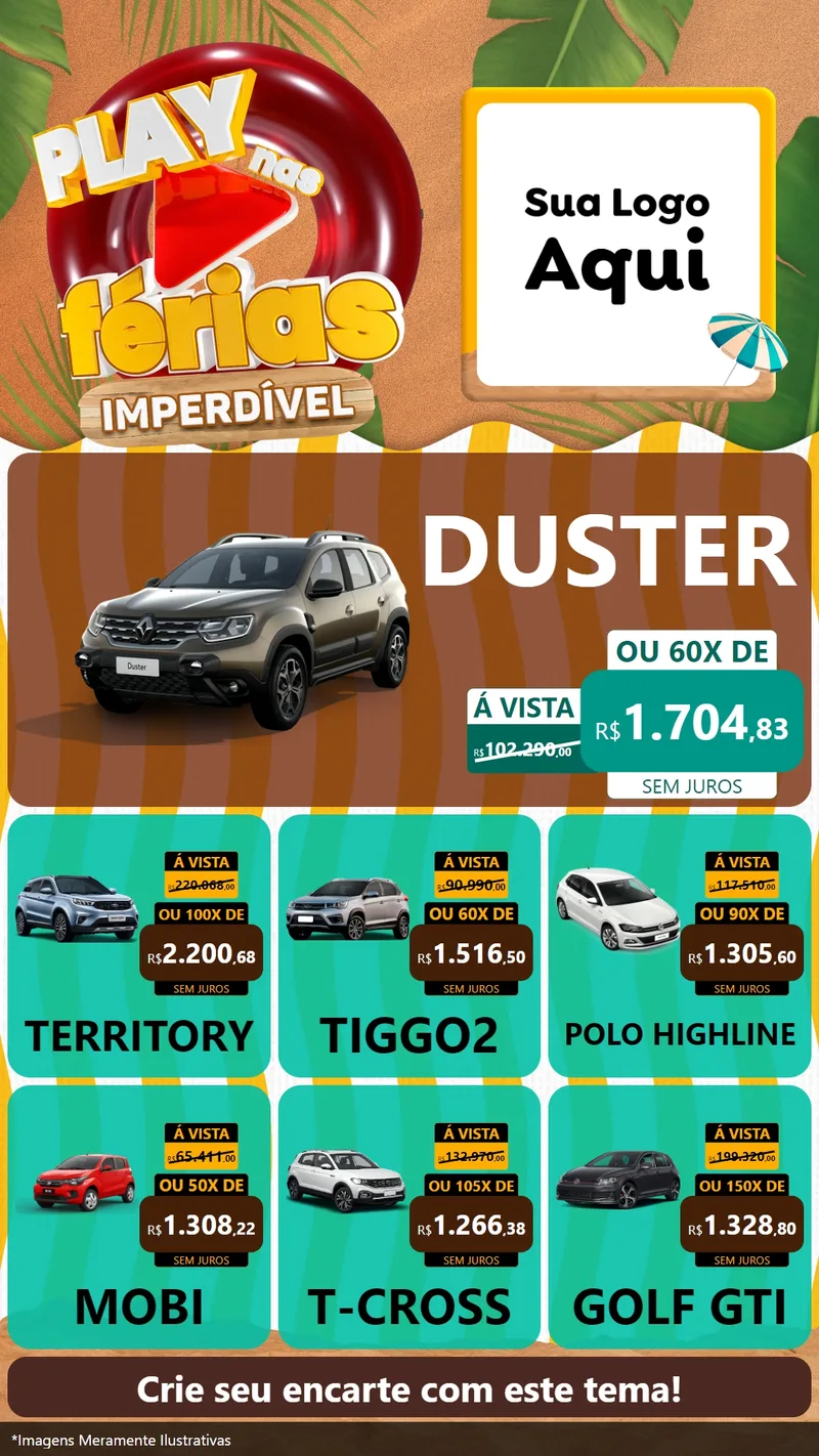 Modelo de Rede Social para Stories com o tema Play Nas Férias Imperdível para Concessionaria de Carros