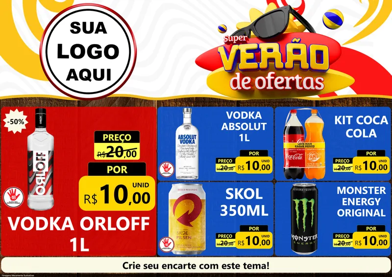 Modelo de Encarte para Encarte A4 Horizontal com o tema Super Verão de Ofertas para Distribuidora de bebidas