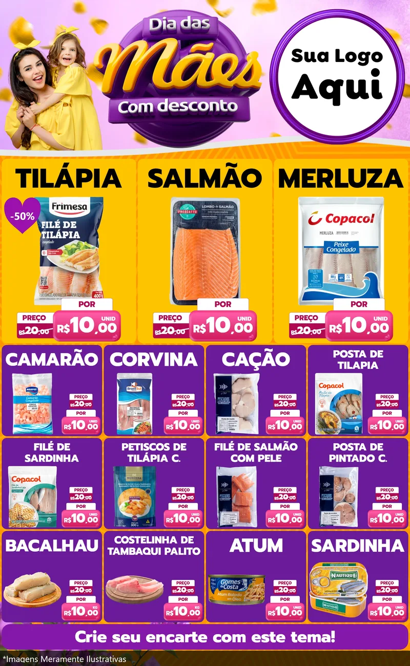 Modelo de Encarte para Encarte Grande com o tema Dia das Mães com Desconto para Peixaria