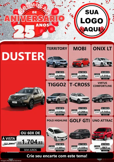 Modelo de Encarte para Encarte A4 Vertical com o tema Promoção de Aniversário - 25Anos para Concessionaria de Carros