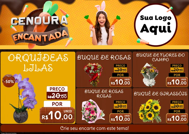 Modelo de Encarte para Encarte A4 Horizontal com o tema Cenoura Encantada - Páscoa para Floricultura e jardim