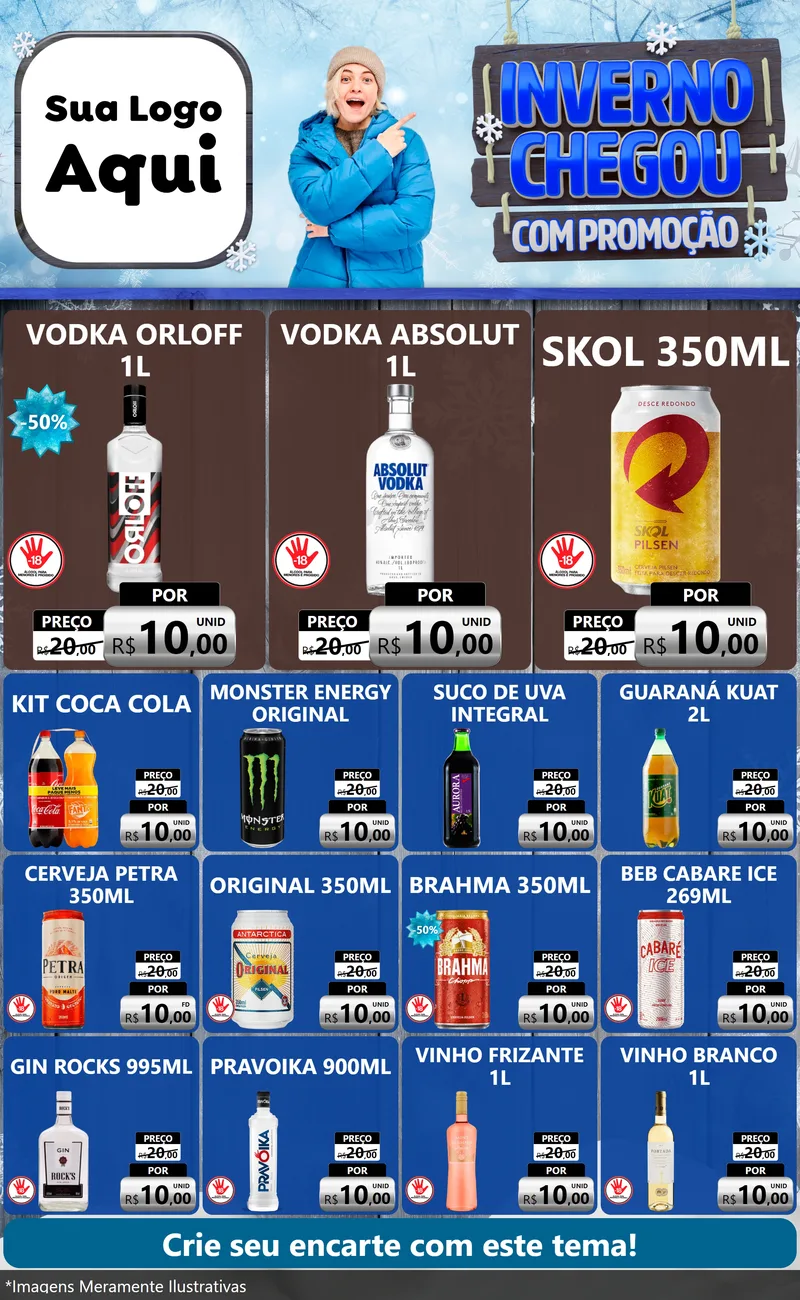 Modelo de Encarte para Encarte Grande com o tema Inverno Chegou Com Promoção para Distribuidora de bebidas
