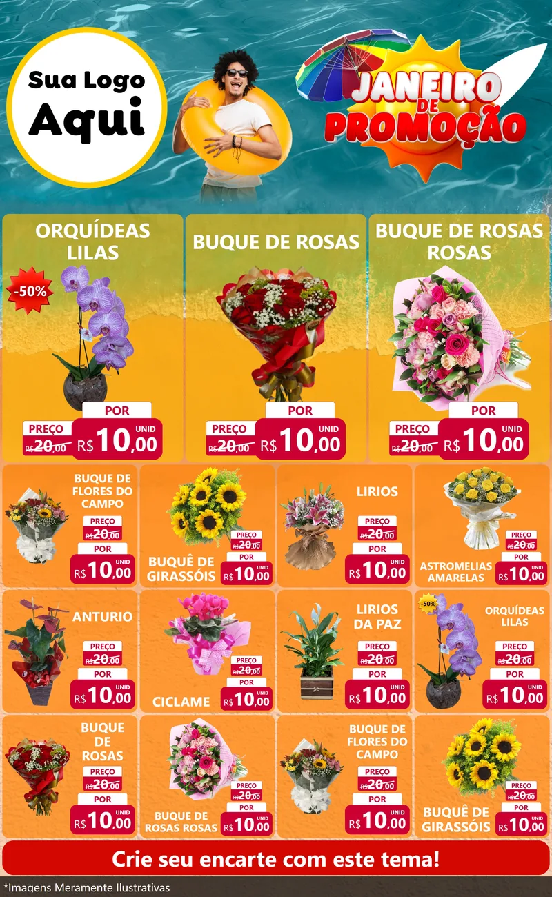 Modelo de Encarte para Encarte Grande com o tema Janeiro de Promoção para Floricultura e jardim