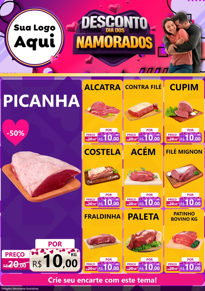 Modelo de Encarte para Encarte A4 Vertical com o tema Desconto Dia dos Namorados para Açougue