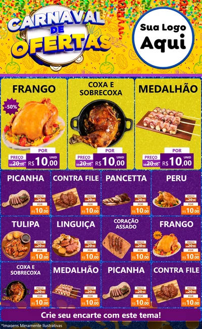Modelo de Encarte para Encarte Grande com o tema Carnaval de Ofertas para Assados