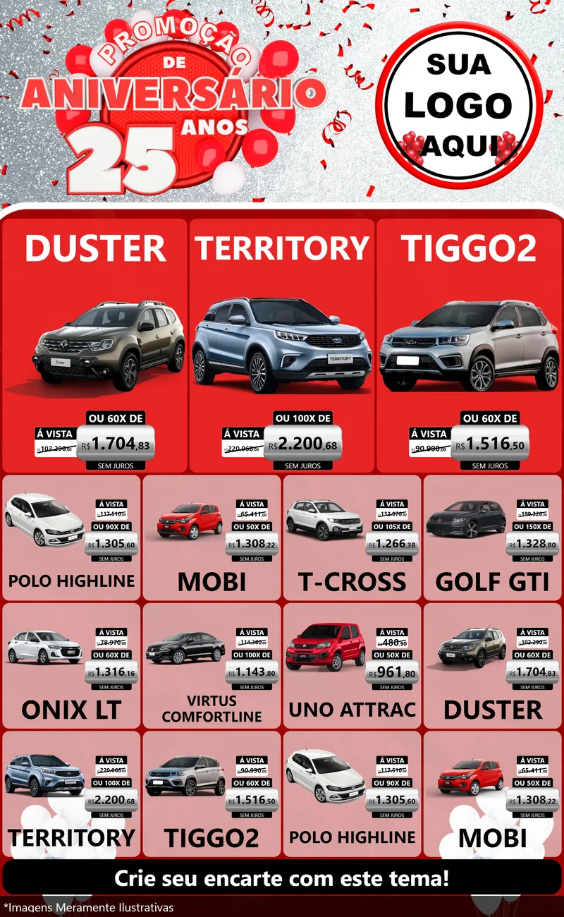 Modelo de Encarte para Encarte Grande com o tema Promoção de Aniversário - 25Anos para Concessionaria de Carros