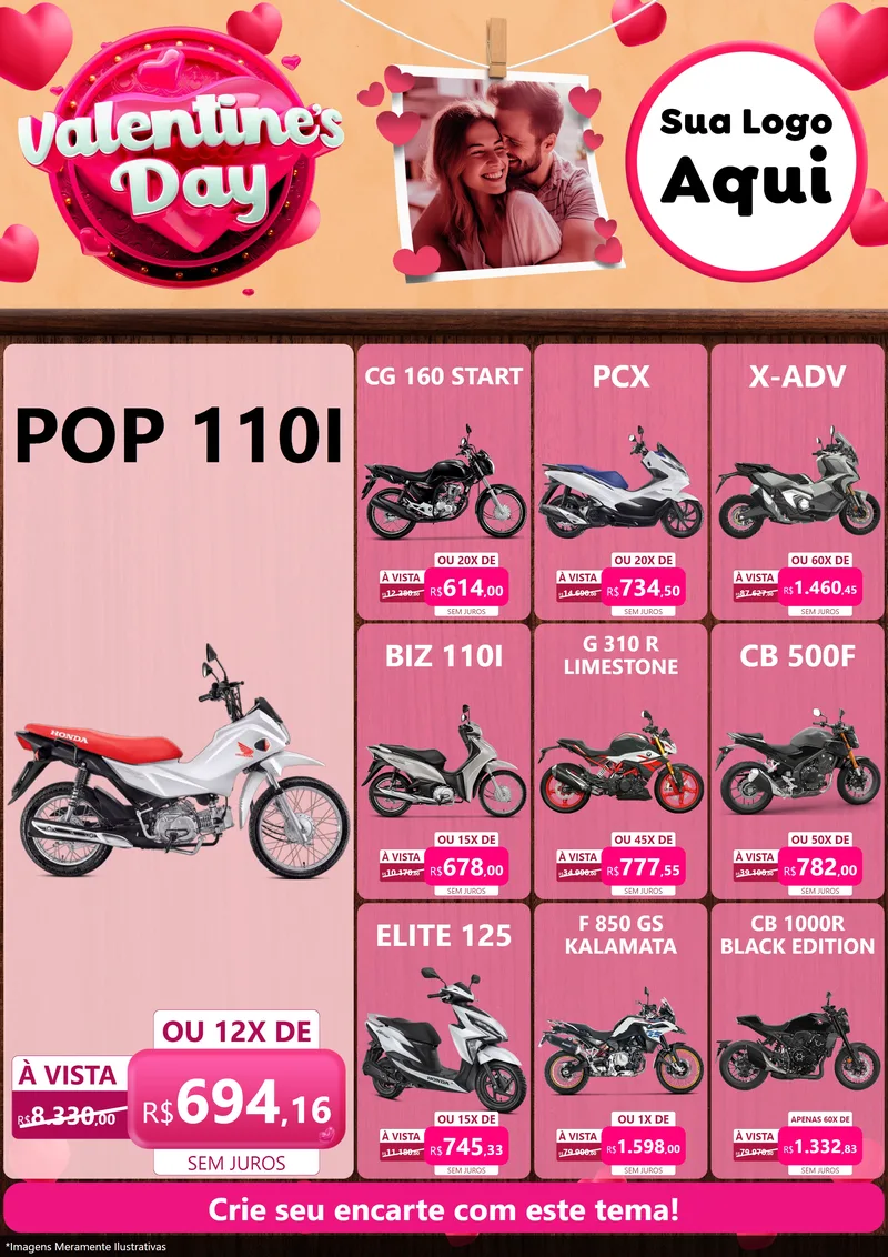 Modelo de Encarte para Encarte A4 Vertical com o tema Valentine's Day para Concessionaria de Motos