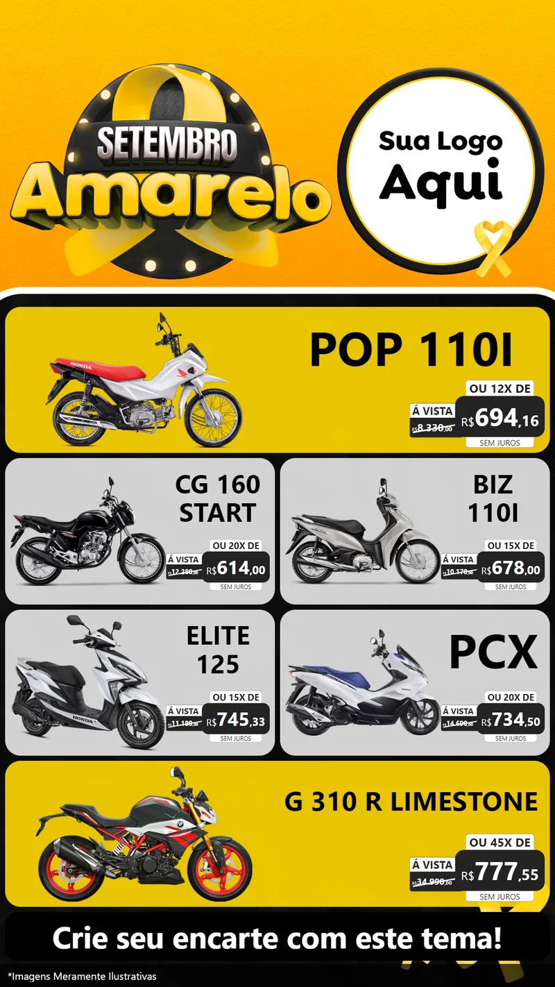 Modelo de TV para TV Vertical com o tema Setembro Amarelo para Concessionaria de Motos