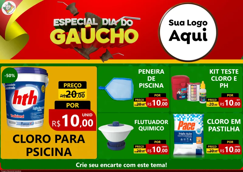Modelo de Encarte para Encarte A4 Horizontal com o tema Especial Dia do Gaúcho para Produtos para Piscina