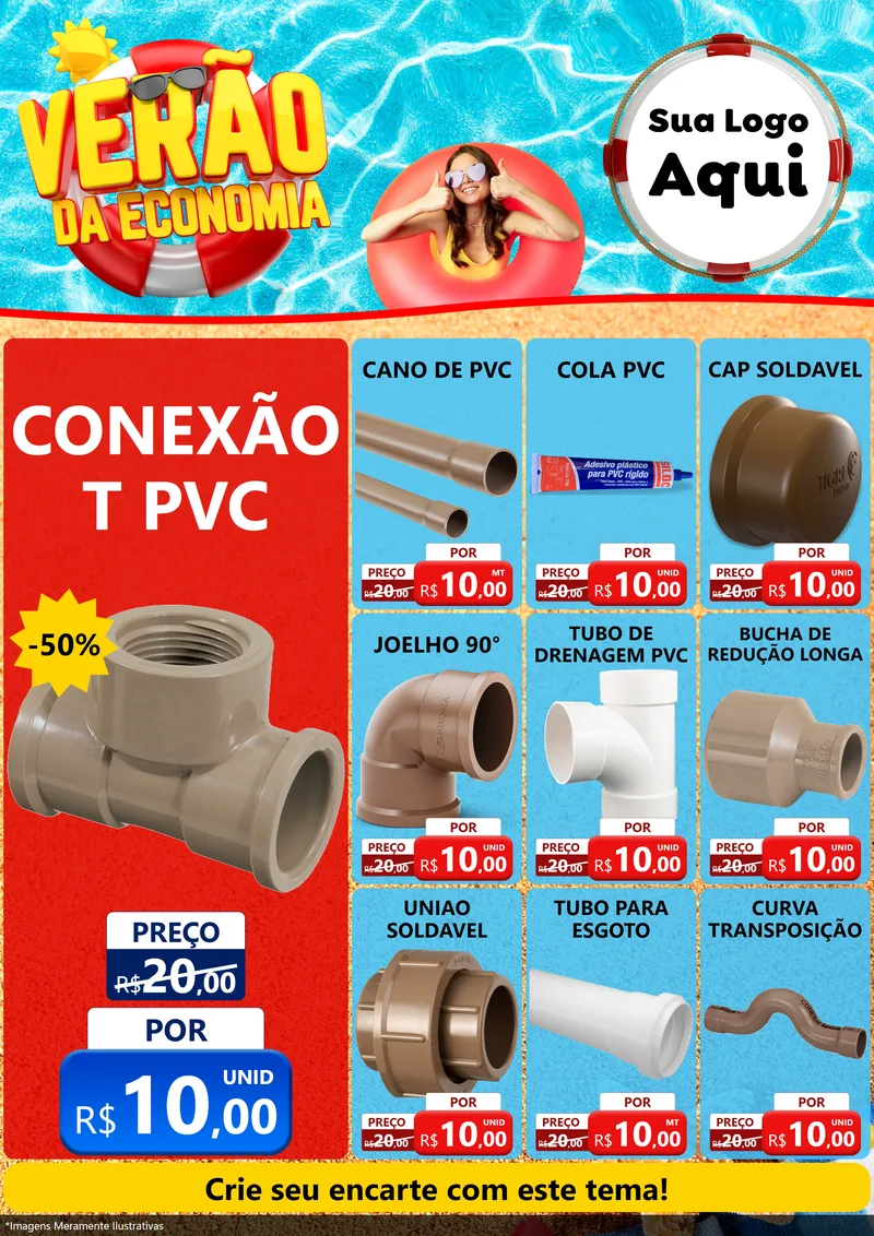Modelo de Encarte para Encarte A4 Vertical com o tema Verão da Economia para Tubos e conexões