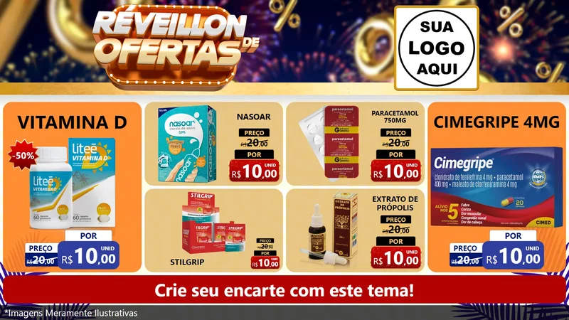 Modelo de TV para TV Horizontal com o tema Réveillon de Ofertas para Farmácia