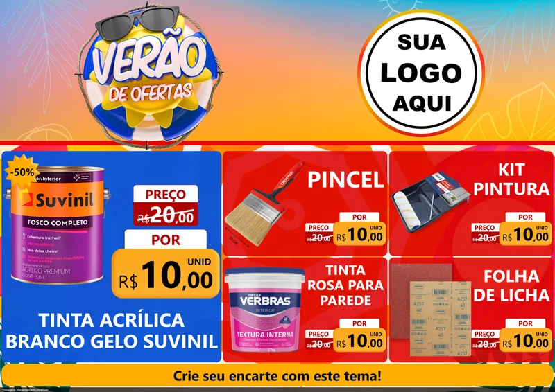 Modelo de Encarte para Encarte A4 Horizontal com o tema Verão de Ofertas para Tintas e Ferramentas
