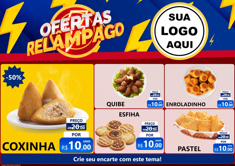 Modelo de Encarte para Encarte A4 Horizontal com o tema Ofertas Relâmpago para Salgadaria