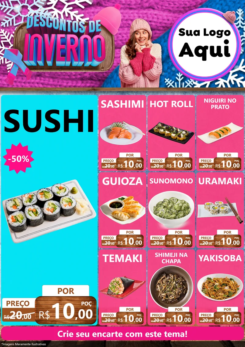Modelo de Encarte para Encarte A4 Vertical com o tema Descontos de Inverno para Comida japonesa