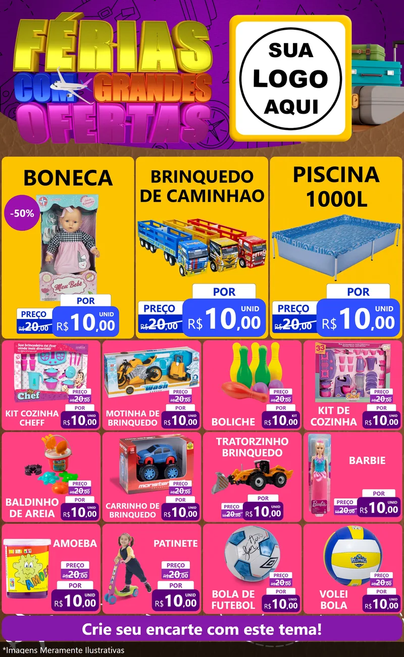 Modelo de Encarte para Encarte Grande com o tema Férias com Grandes Ofertas para Brinquedos