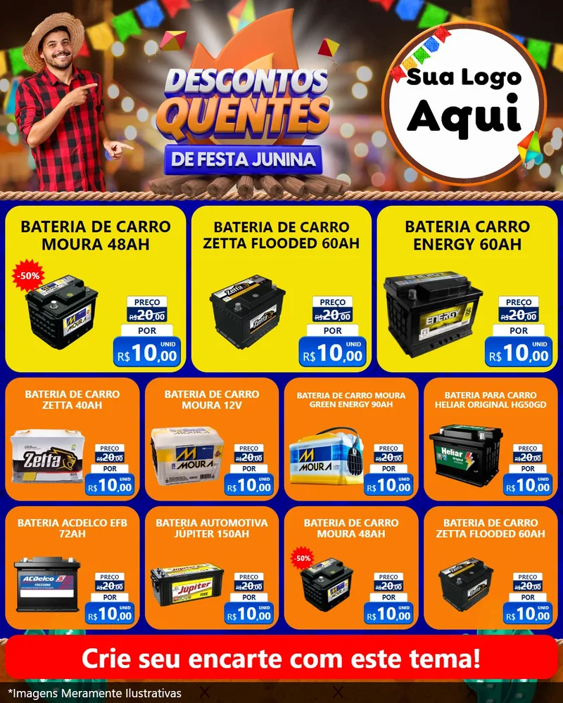 Modelo de Rede Social para Feed Instagram com o tema Descontos Quentes de Festa Junina para Baterias Elétricas