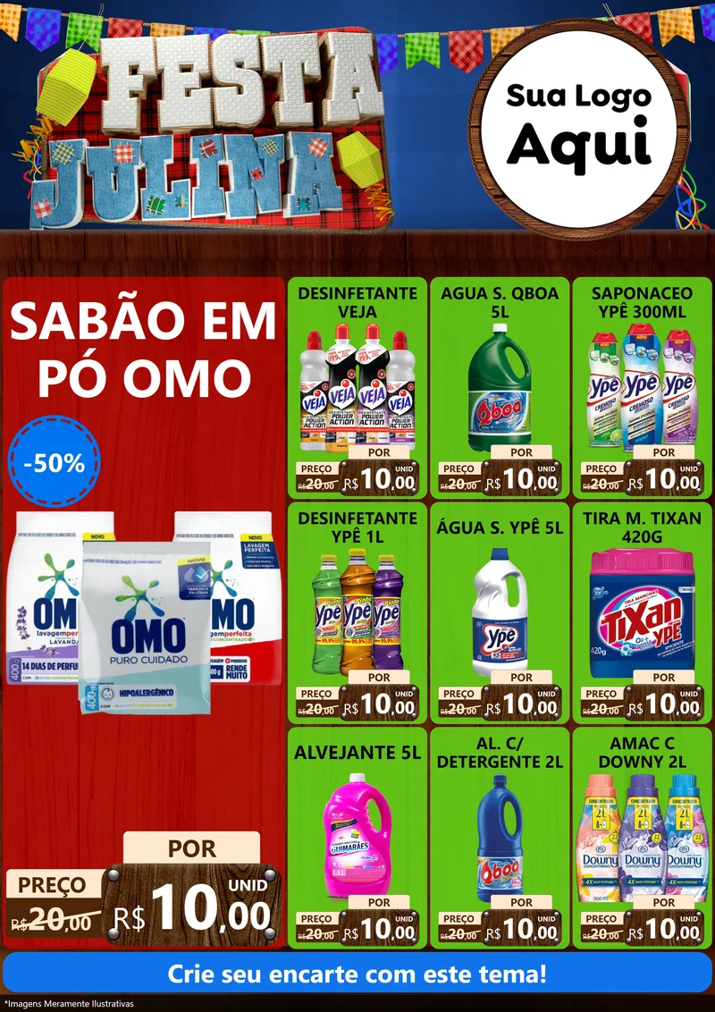 Modelo de Encarte para Encarte A4 Vertical com o tema Festa Julina para Produtos de Limpeza