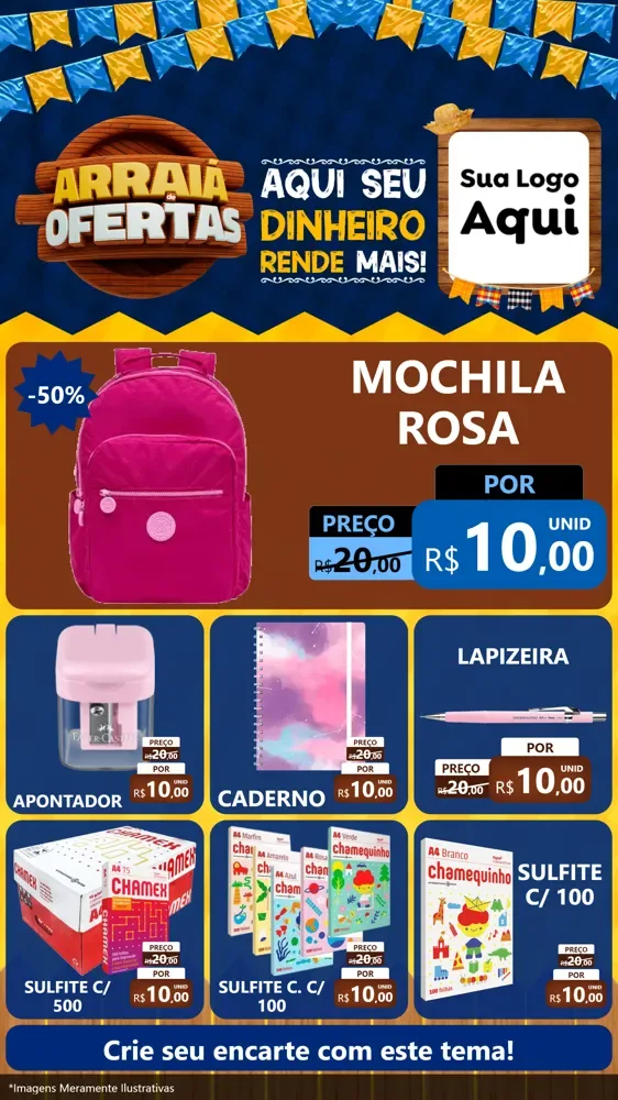Modelo de Rede Social para Stories com o tema Arraiá de Ofertas - Junina para Papelaria