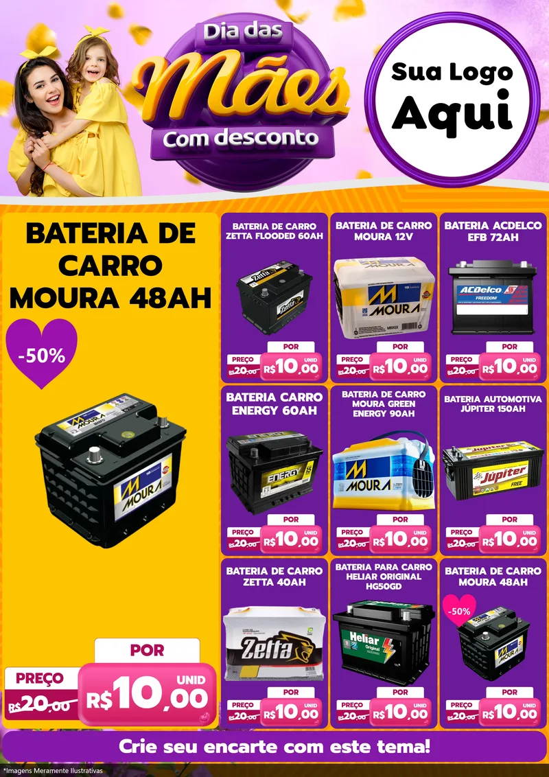 Modelo de Encarte para Encarte A4 Vertical com o tema Dia das Mães com Desconto para Baterias Elétricas