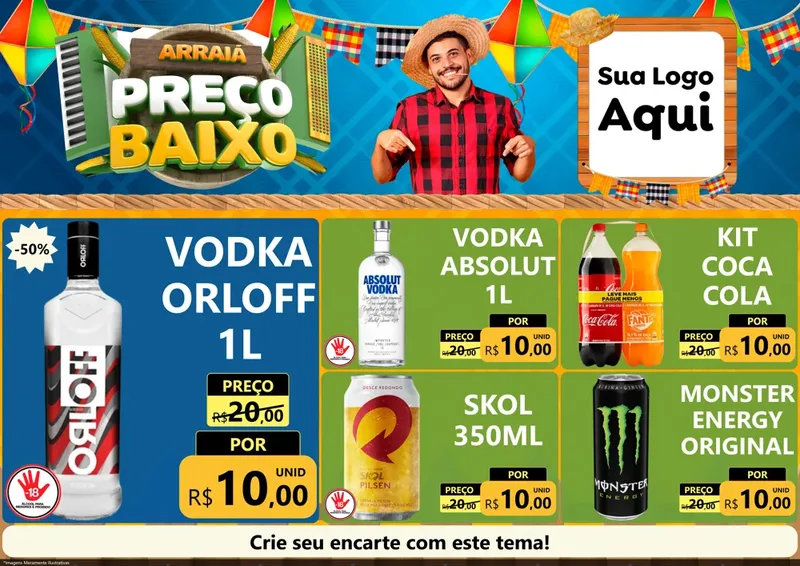 Modelo de Encarte para Encarte A4 Horizontal com o tema Arraiá de Preço Baixo - Junina para Distribuidora de bebidas