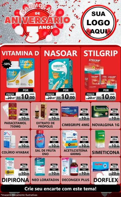 Modelo de Encarte para Encarte Grande com o tema Promoção de Aniversário - 3 Anos para Farmácia
