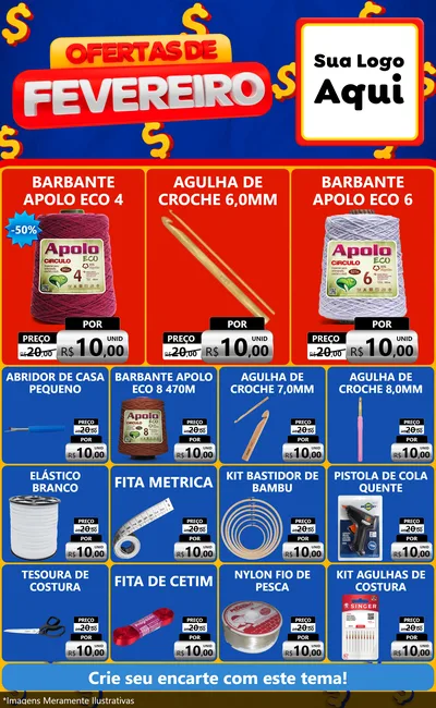 Modelo de Encarte para Encarte Grande com o tema Ofertas de Fevereiro para Armarinho e Aviamentos