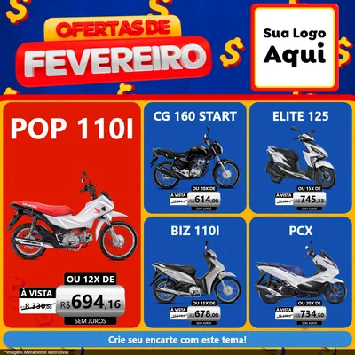Modelo de Rede Social para Feed Facebook com o tema Ofertas de Fevereiro para Concessionaria de Motos