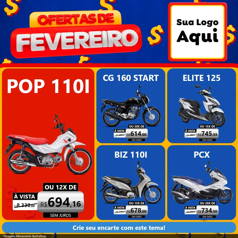 Modelo de Rede Social para Feed Facebook com o tema Ofertas de Fevereiro para Concessionaria de Motos