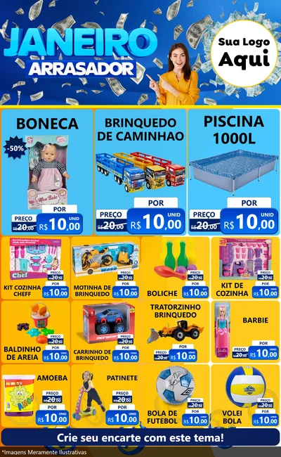 Modelo de Encarte para Encarte Grande com o tema Janeiro Arrasador para Brinquedos