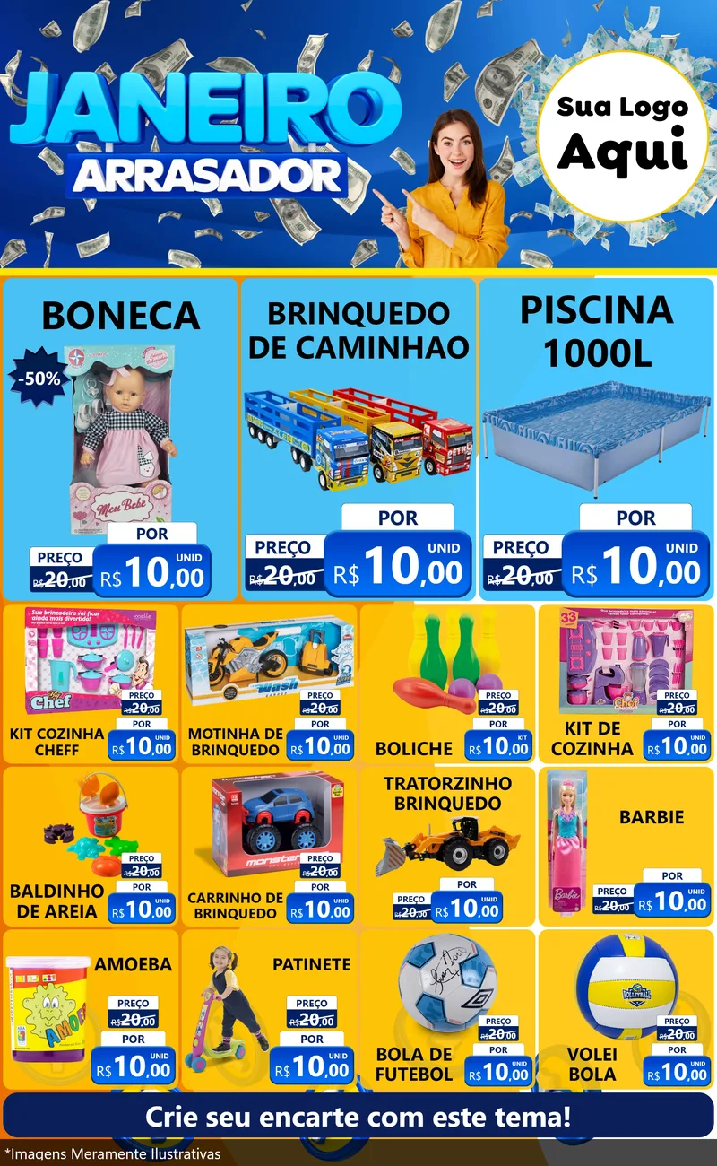 Modelo de Encarte para Encarte Grande com o tema Janeiro Arrasador para Brinquedos