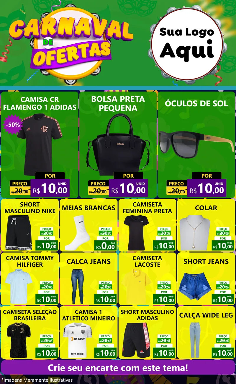 Modelo de Encarte para Encarte Grande com o tema Carnaval de Ofertas para Roupas e acessórios
