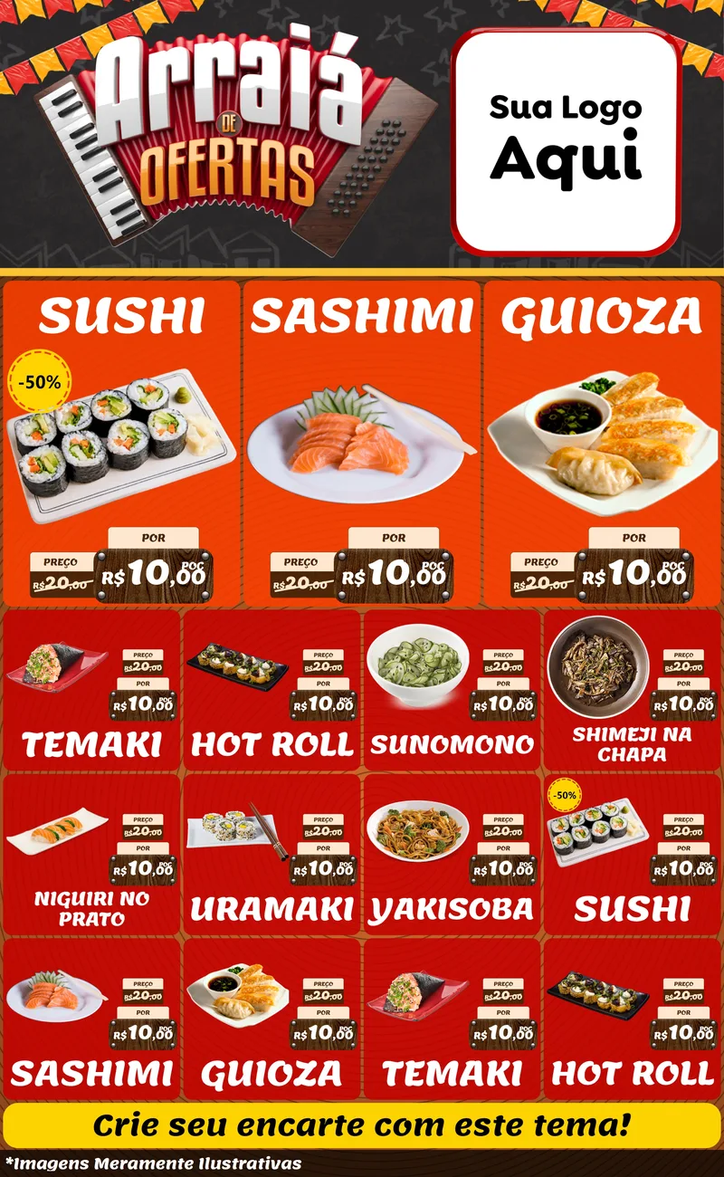 Modelo de Encarte para Encarte Grande com o tema Arraiá de Ofertas - Junina para Comida japonesa