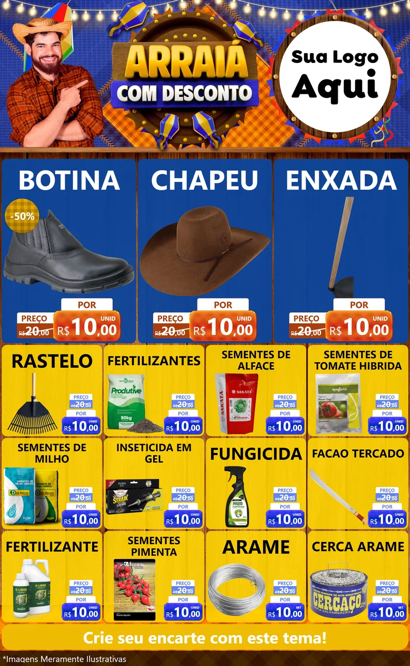 Modelo de Encarte para Encarte Grande com o tema Arraiá Com Desconto para Agropecuária