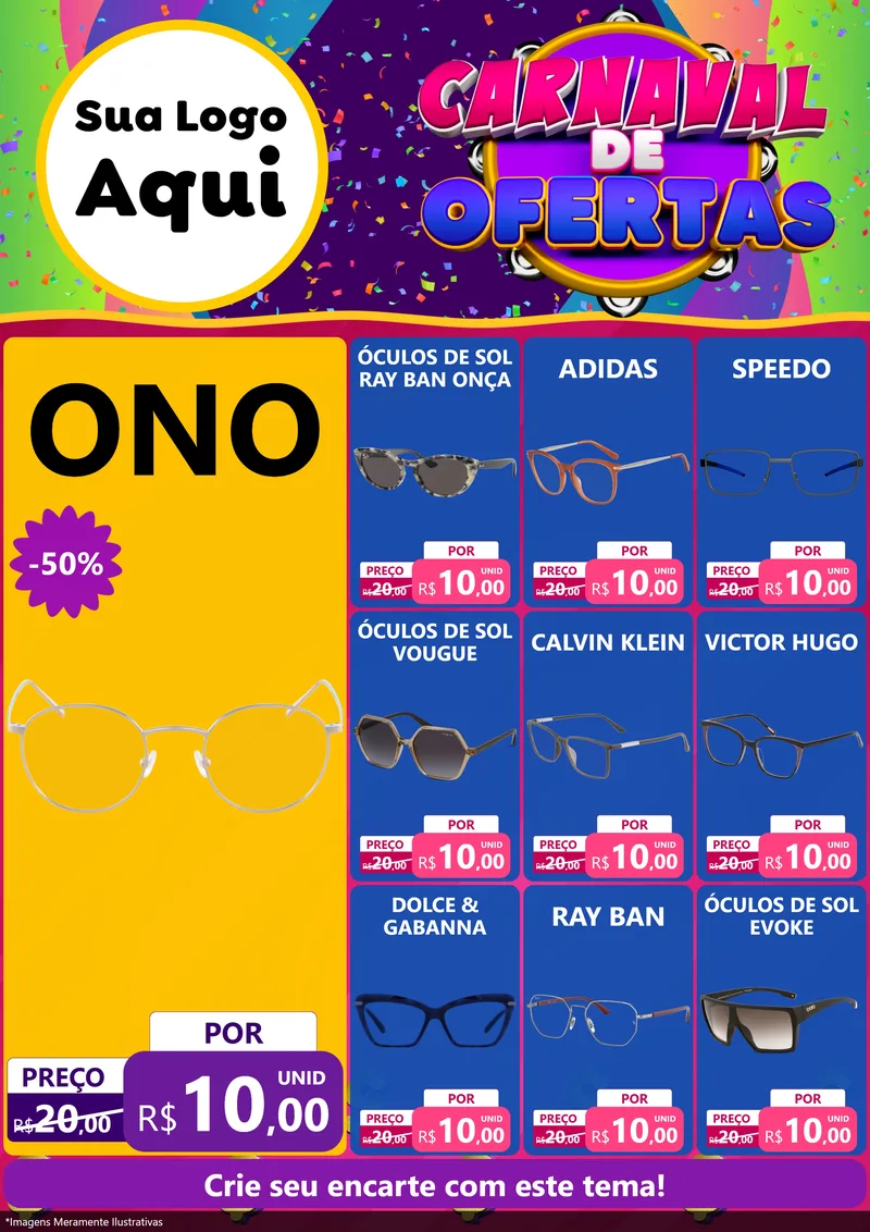 Modelo de Encarte para Encarte A4 Vertical com o tema Carnaval de Ofertas para Óticas