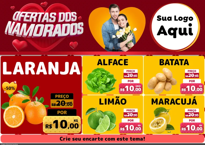 Modelo de Encarte para Encarte A4 Horizontal com o tema Ofertas Dos Namorados para Hortifrúti