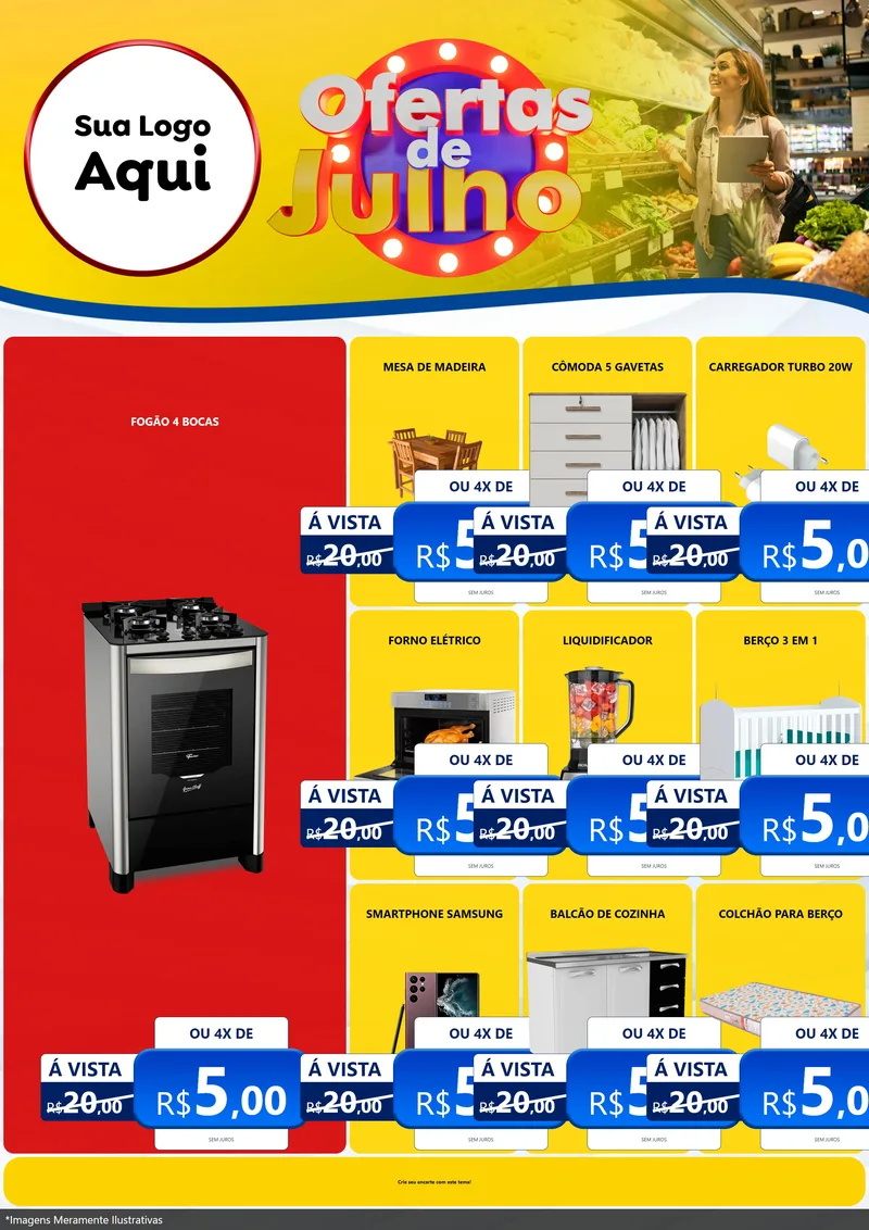 Modelo de Encarte para Encarte A4 Vertical com o tema Ofertas de Julho para Móveis e Eletro
