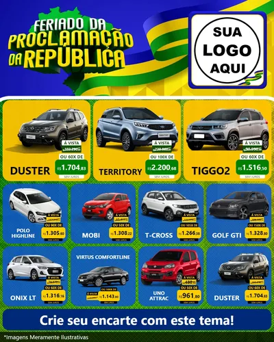 Modelo de Rede Social para Feed Instagram com o tema Feriado da Proclamação da República para Concessionaria de Carros