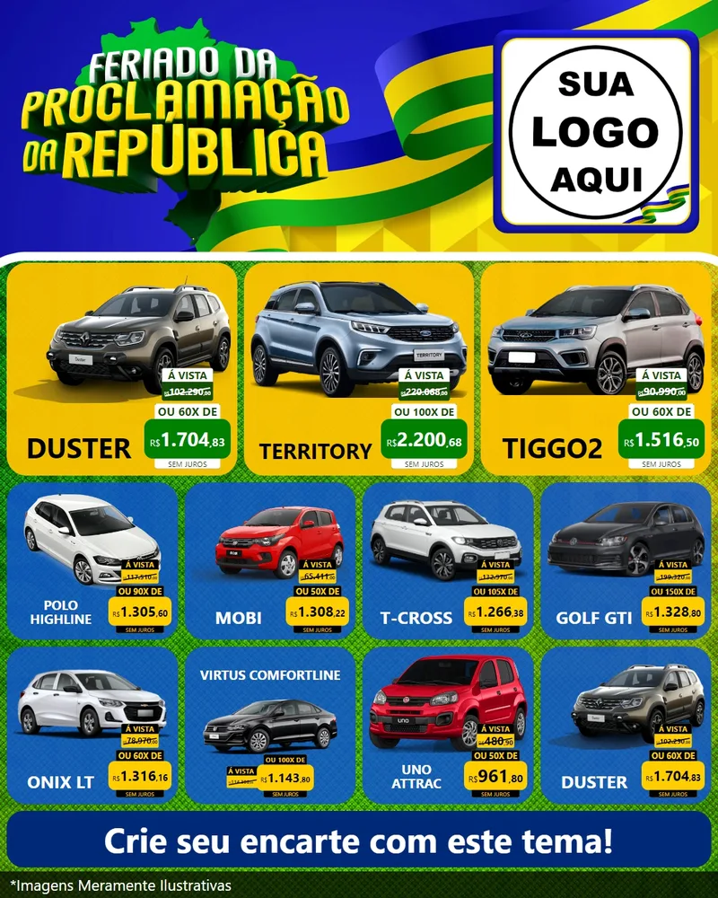 Modelo de Rede Social para Feed Instagram com o tema Feriado da Proclamação da República para Concessionaria de Carros