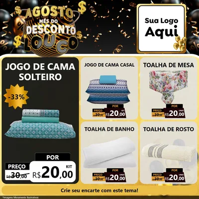 Modelo de Rede Social para Feed Facebook com o tema Agosto Mês do Desconto Louco para Cama, Mesa e Banho