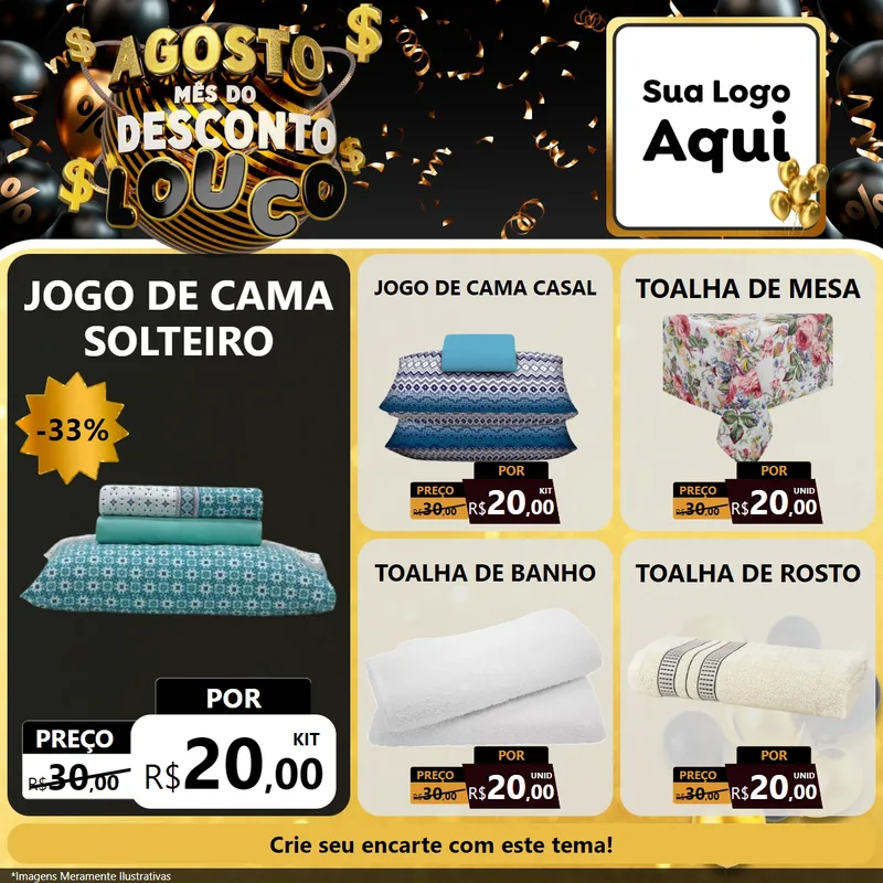 Modelo de Rede Social para Feed Facebook com o tema Agosto Mês do Desconto Louco para Cama, Mesa e Banho