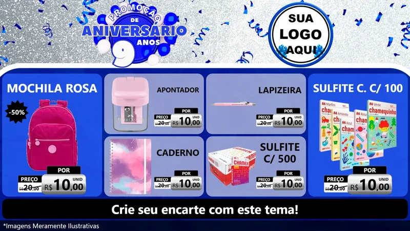 Modelo de TV para TV Horizontal com o tema Promoção de Aniversário - 9 Anos para Papelaria