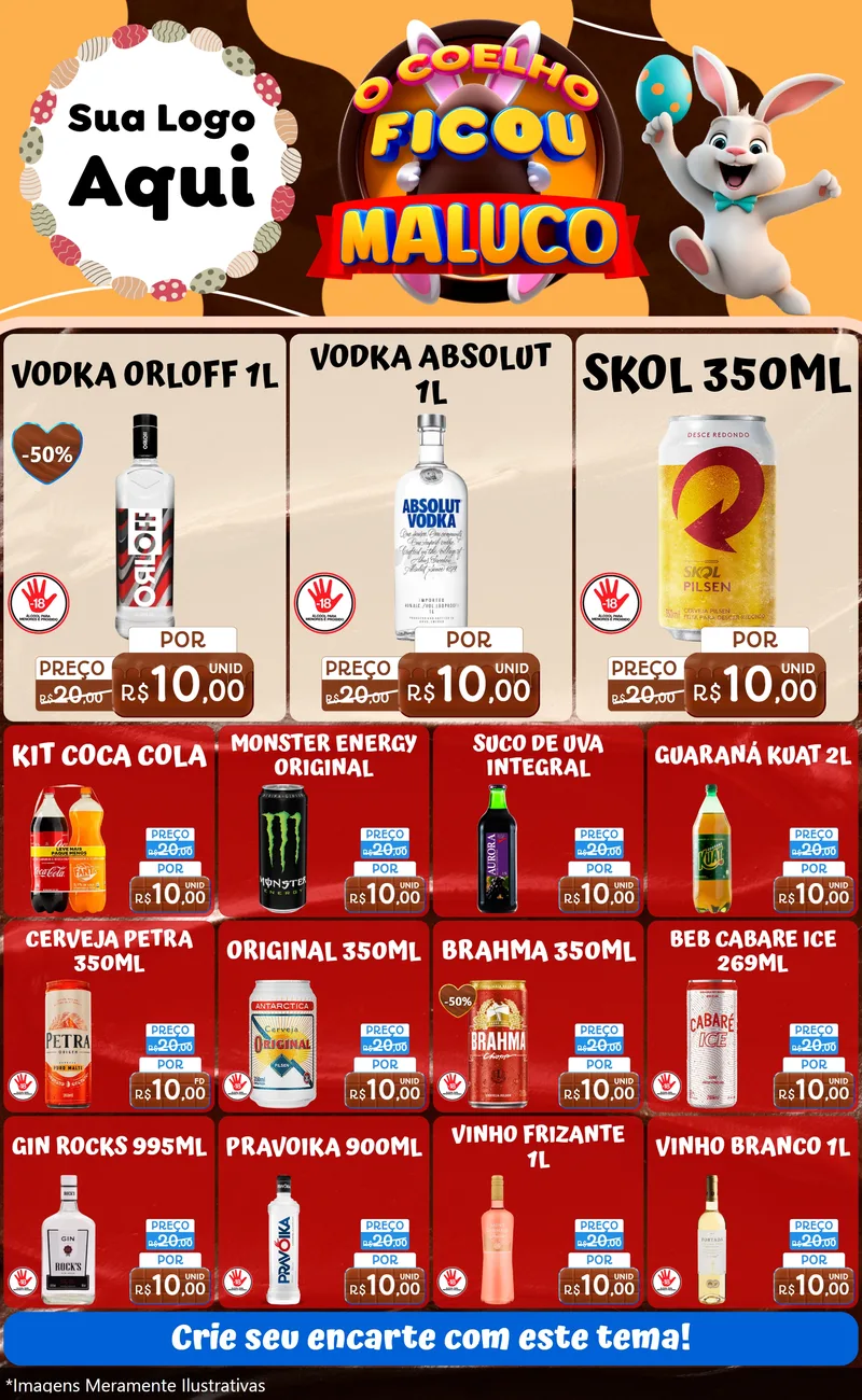 Modelo de Encarte para Encarte Grande com o tema O Coelho Ficou Maluco - Páscoa para Distribuidora de bebidas