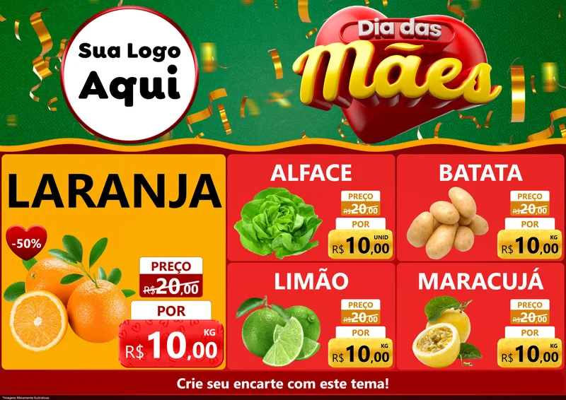 Modelo de Encarte para Encarte A4 Horizontal com o tema Dia das Mães para Hortifrúti