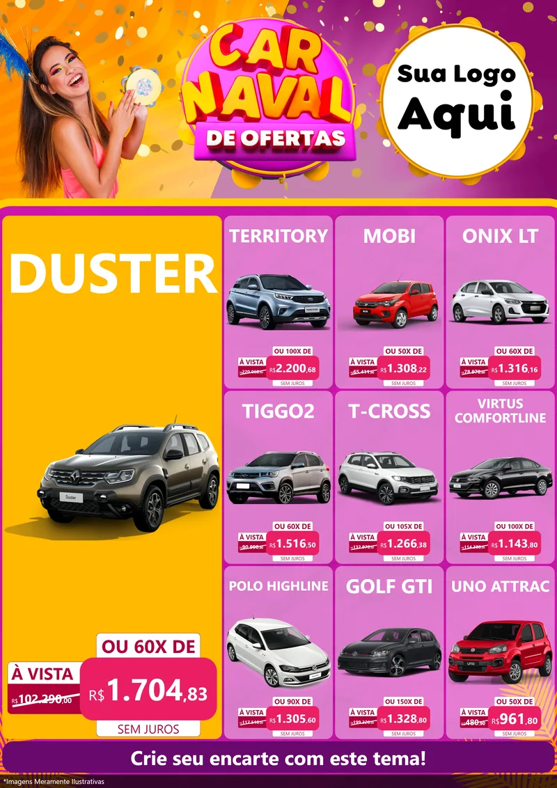 Modelo de Encarte para Encarte A4 Vertical com o tema Carnaval de Ofertas para Concessionaria de Carros
