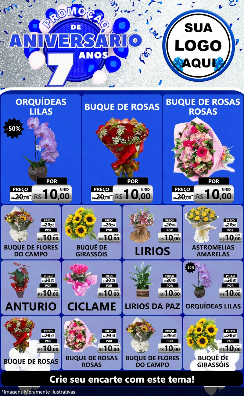 Modelo de Encarte para Encarte Grande com o tema Promoção de Aniversário - 7 Anos para Floricultura e jardim