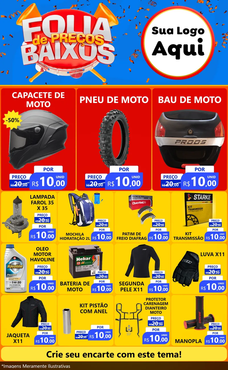 Modelo de Encarte para Encarte Grande com o tema Folia de Preços Baixos para Moto peças